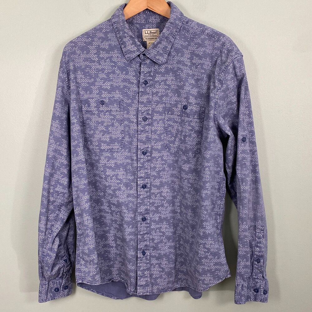LL Bean Button Up Shirt Mens Large Blue Cotton Blend Long Sleeve Roll Tab VTG